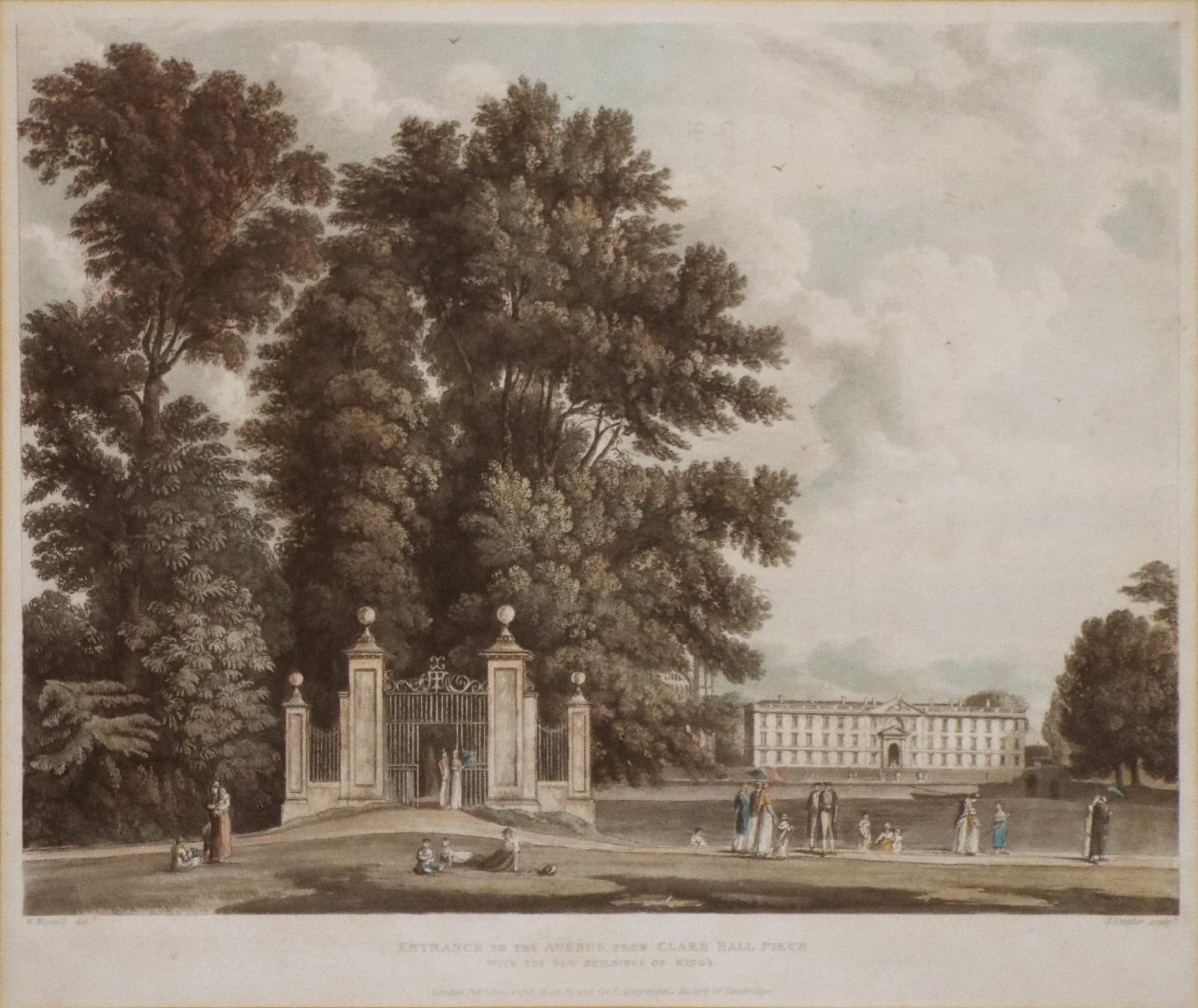 Aquatint - Entrance to the Avenue, from Clare Hall Piece, with the new Buildings of King's. - Stadler
